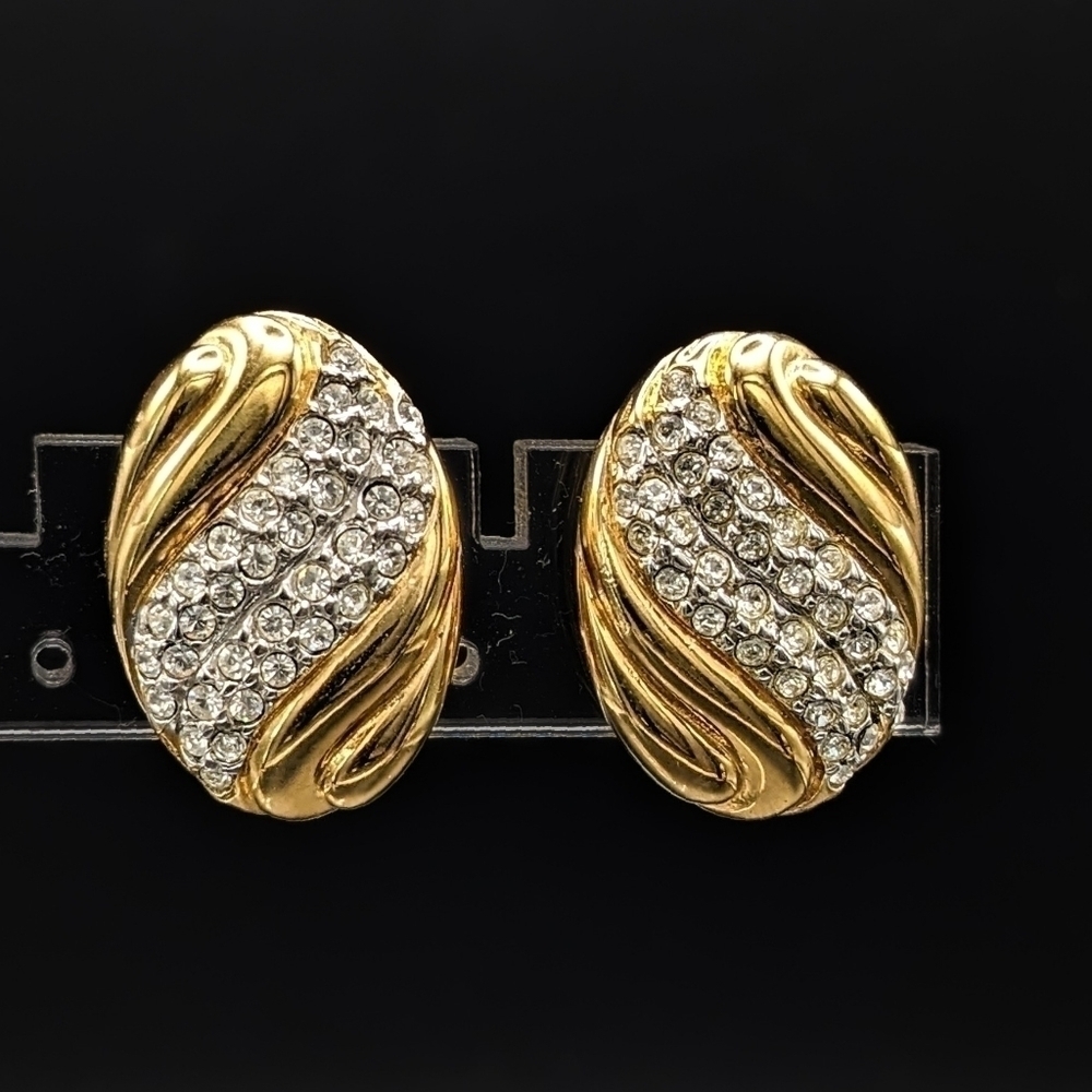 Nos Vintage MONET Goldtoned Clip Earrings with Rhinestone Pavé Detail